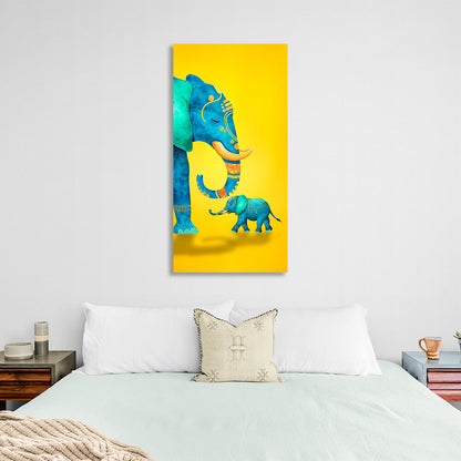 Big and small elephant on yellow background Canvas Wall Art Print