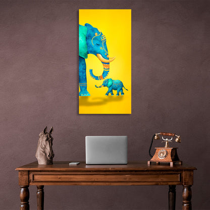 Big and small elephant on yellow background Canvas Wall Art Print