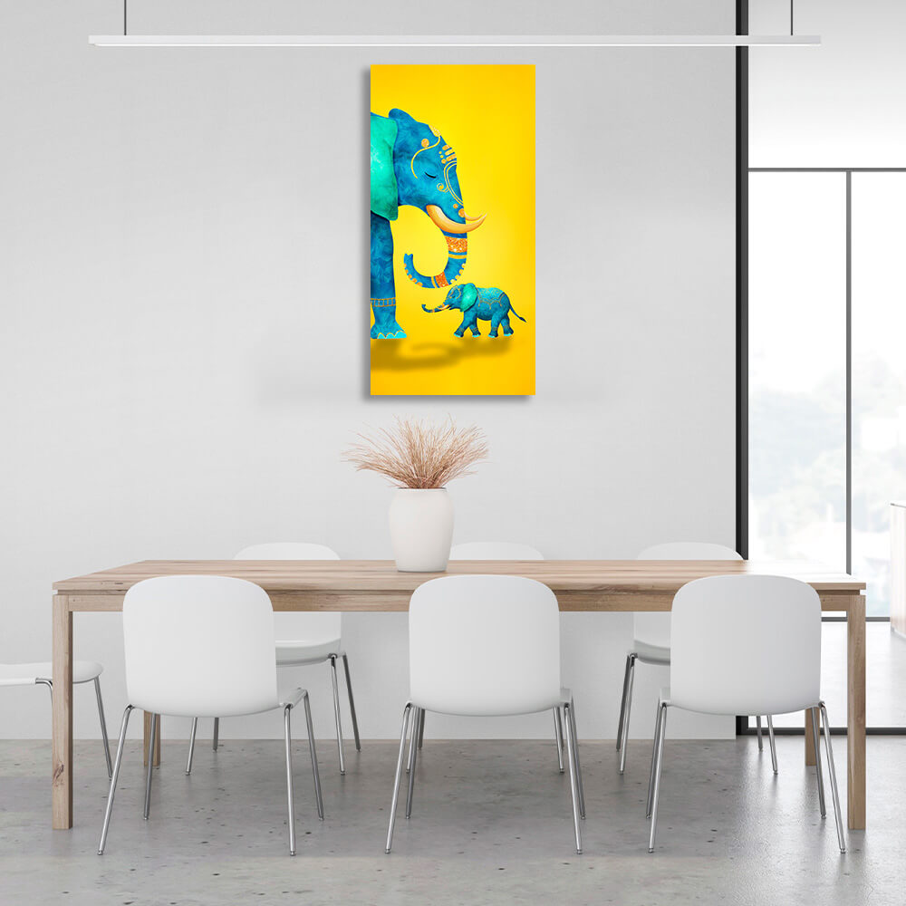 Big and small elephant on yellow background Canvas Wall Art Print