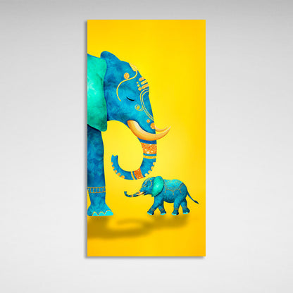 Big and small elephant on yellow background Canvas Wall Art Print