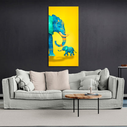 Big and small elephant on yellow background Canvas Wall Art Print