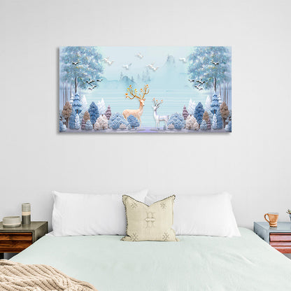 Two reindeer in a snowy forest Canvas Wall Art Print