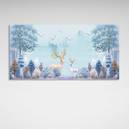 Two reindeer in a snowy forest Canvas Wall Art Print