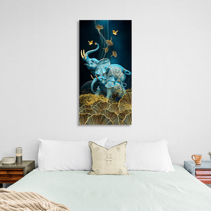 Two blue elephants with golden flowers Canvas Wall Art Print