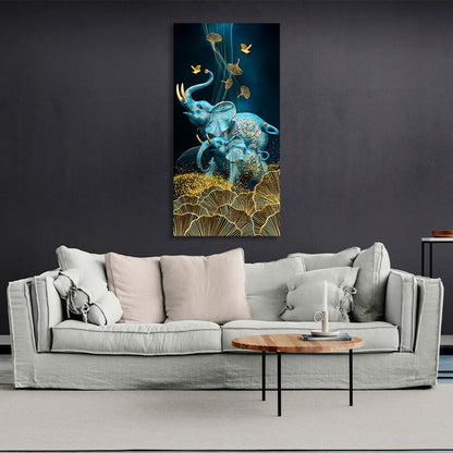 Two blue elephants with golden flowers Canvas Wall Art Print