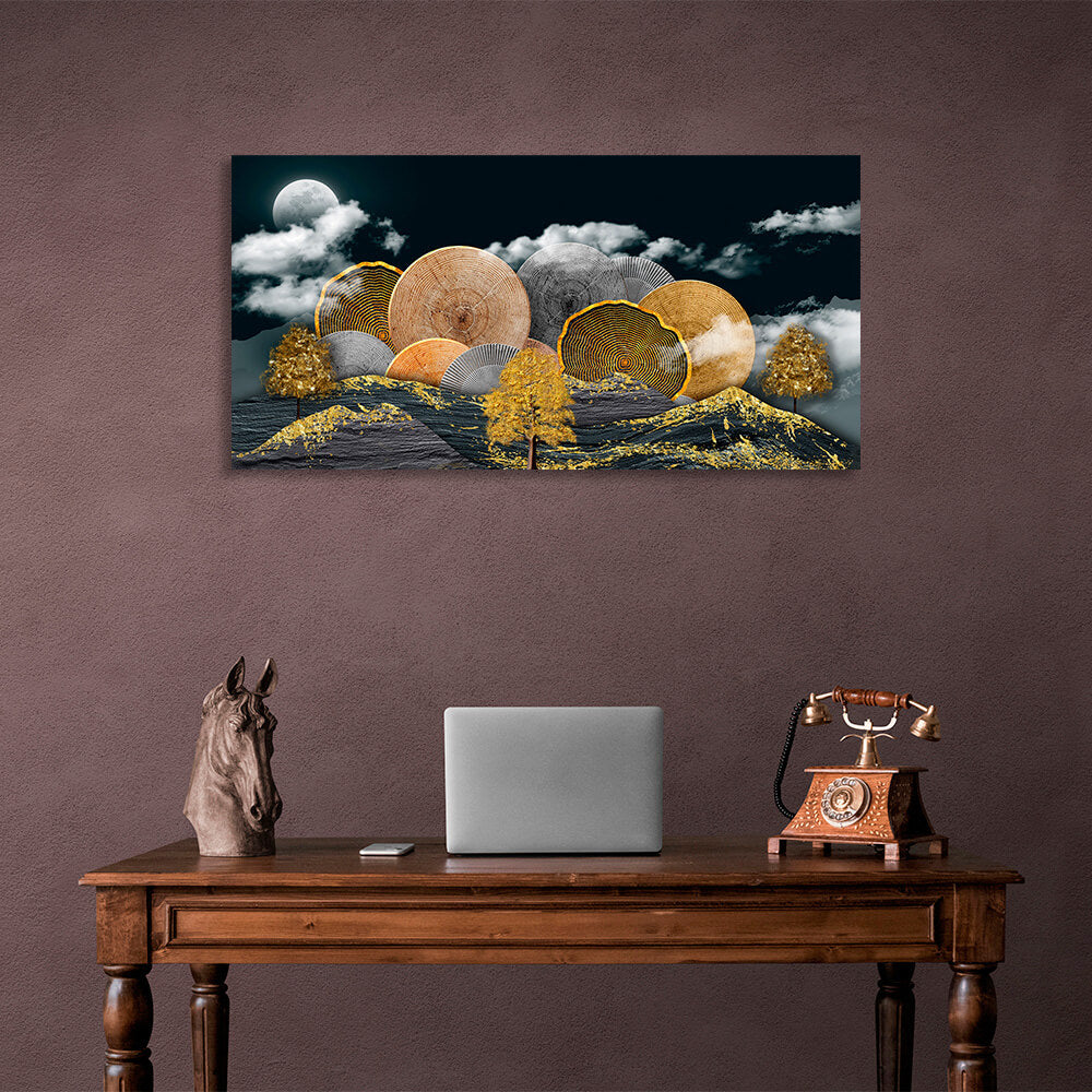 Mountain trees in gold and gray colors Abstraction Canvas Wall Art Print