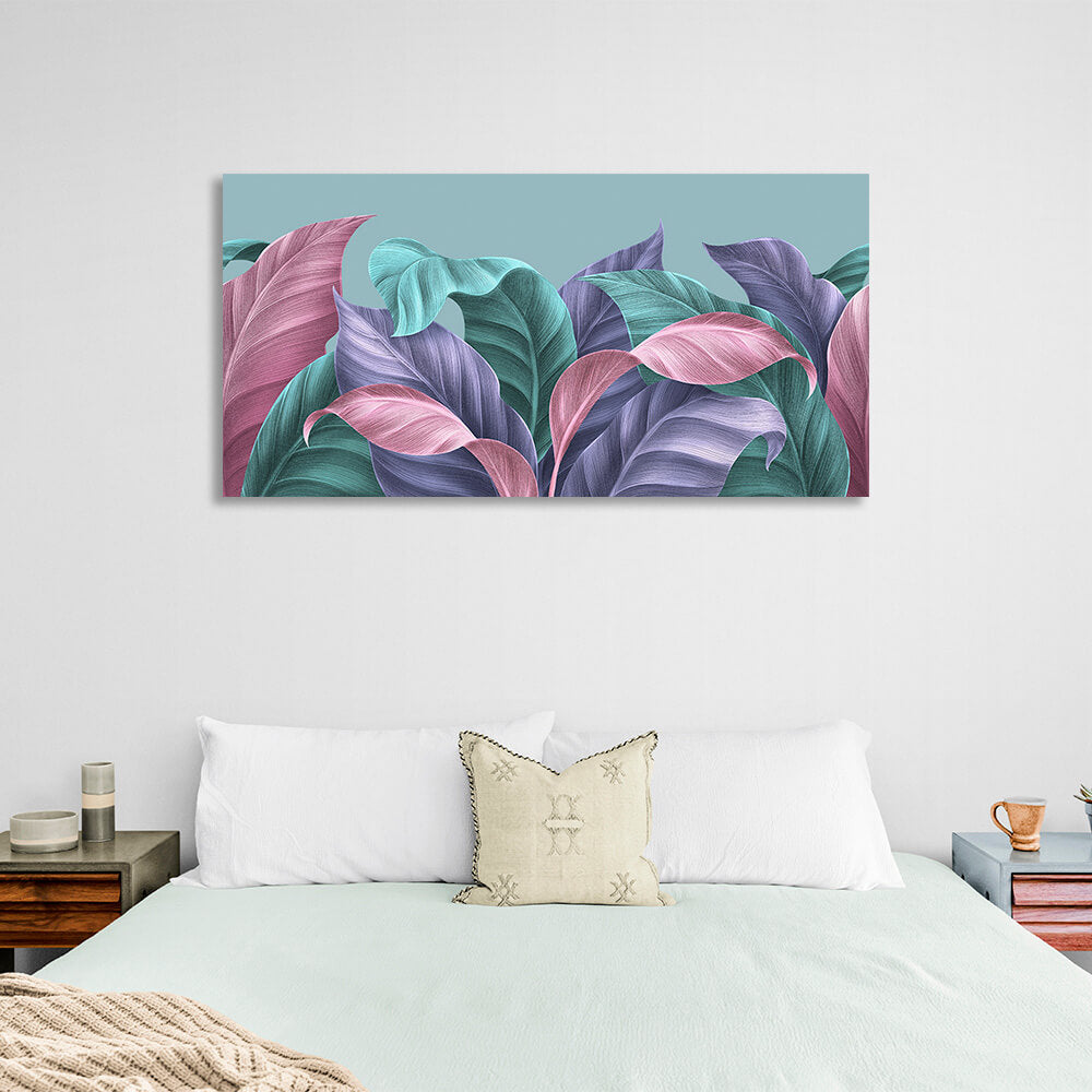 Tropical leaves in green purple and pink colors Canvas Wall Art Print