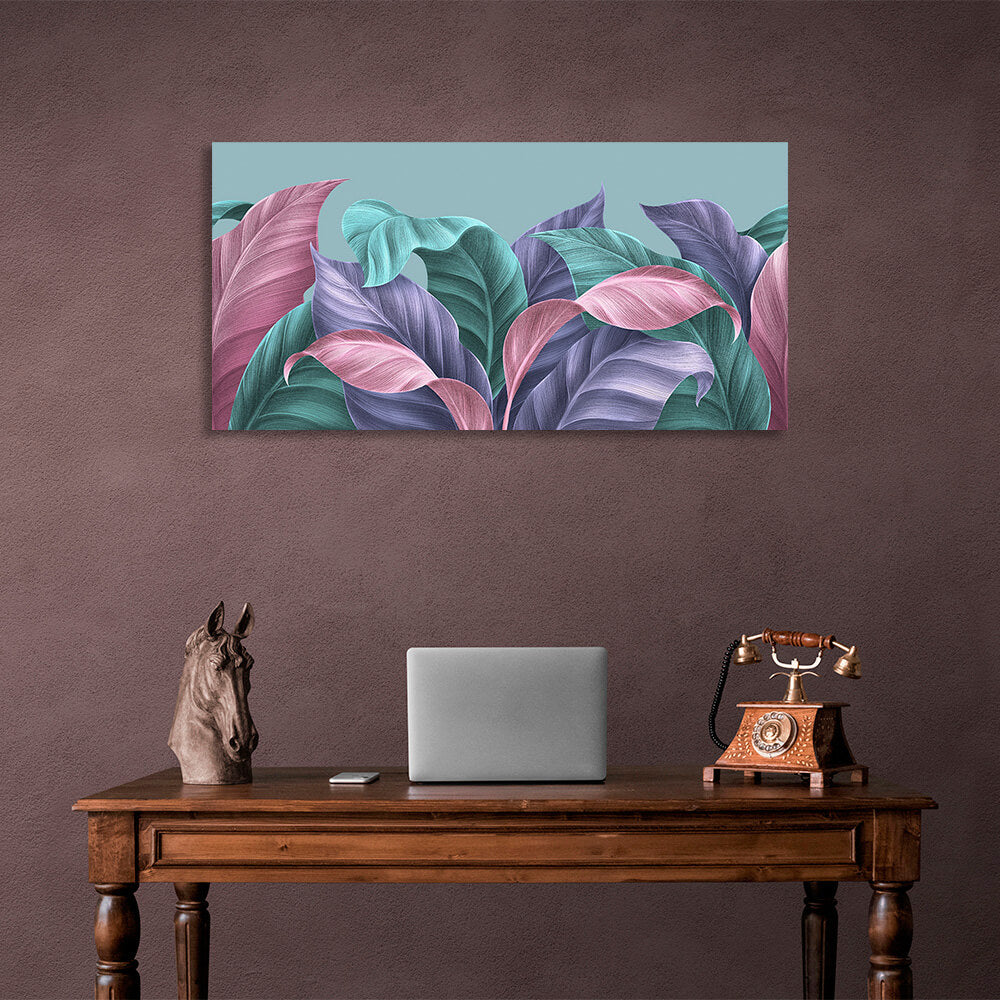 Tropical leaves in green purple and pink colors Canvas Wall Art Print