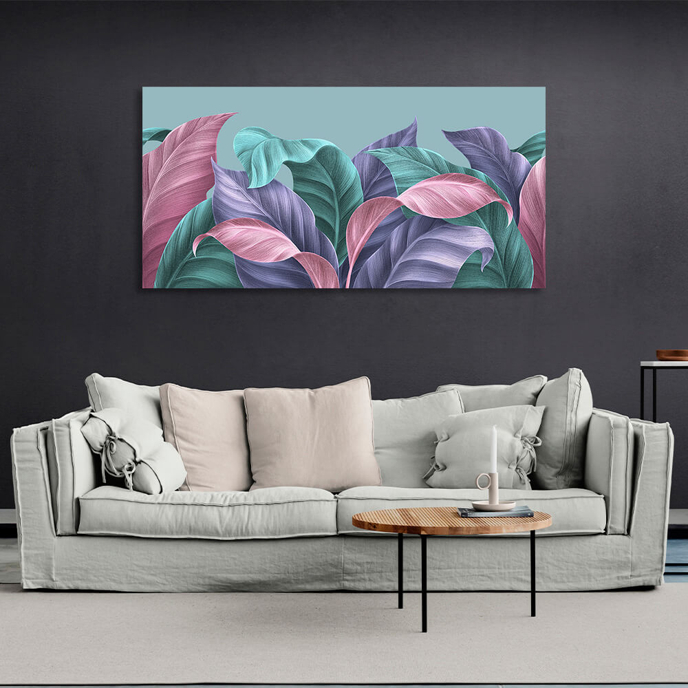 Tropical leaves in green purple and pink colors Canvas Wall Art Print