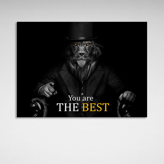 Lion in business suit hat on black background Motivational Canvas Wall Art Print