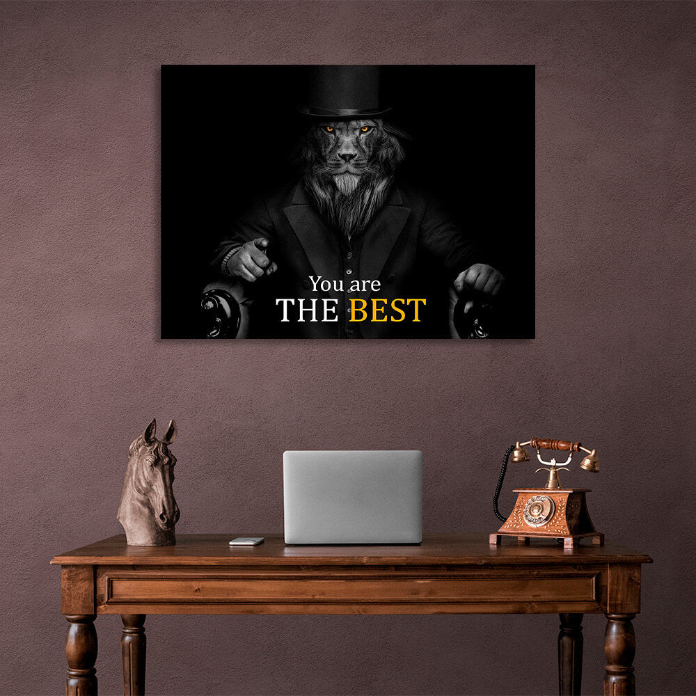 Lion in business suit hat on black background Motivational Canvas Wall Art Print