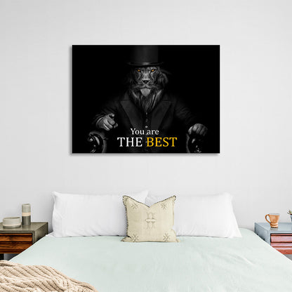 Lion in business suit hat on black background Motivational Canvas Wall Art Print