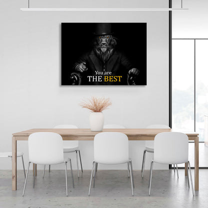 Lion in business suit hat on black background Motivational Canvas Wall Art Print