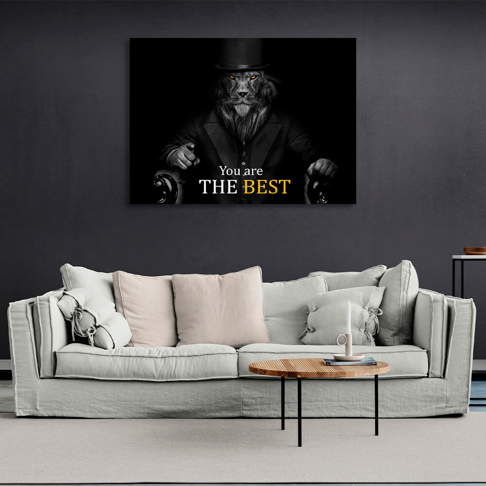 Lion in business suit hat on black background Motivational Canvas Wall Art Print