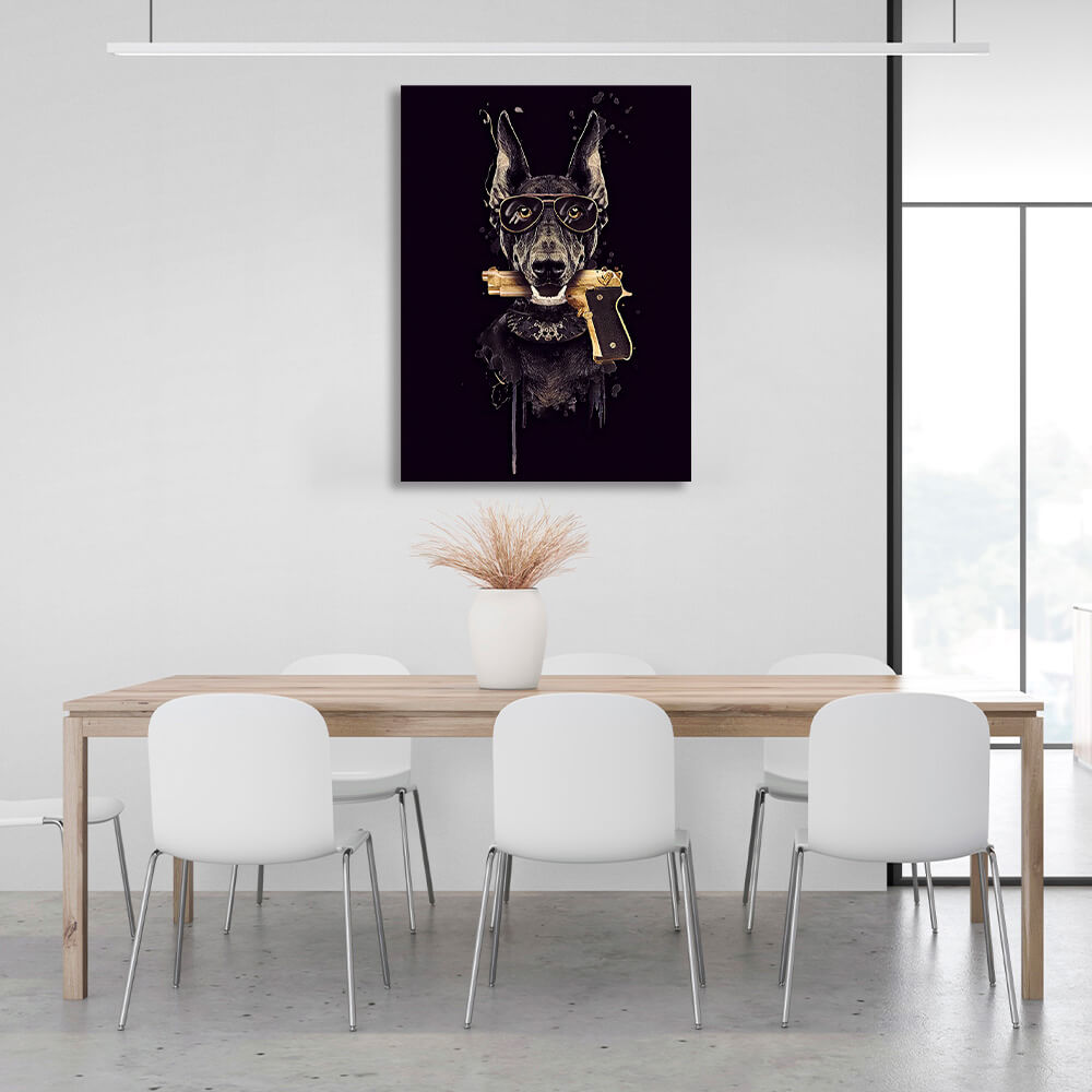 Doberman with a gun in his teeth. Canvas Wall Art Print