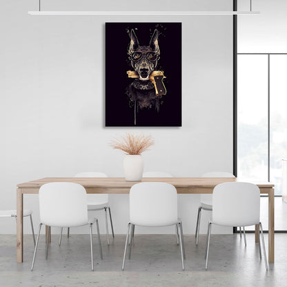 Doberman with a gun in his teeth. Canvas Wall Art Print