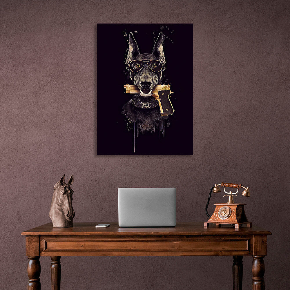 Doberman with a gun in his teeth. Canvas Wall Art Print