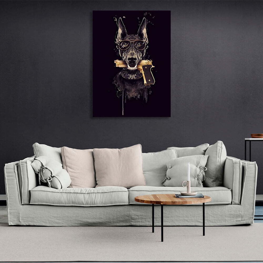 Doberman with a gun in his teeth. Canvas Wall Art Print