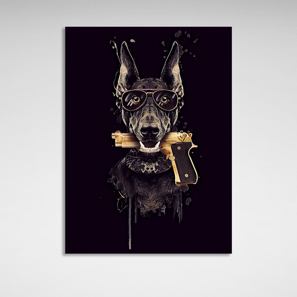 Doberman with a gun in his teeth. Canvas Wall Art Print