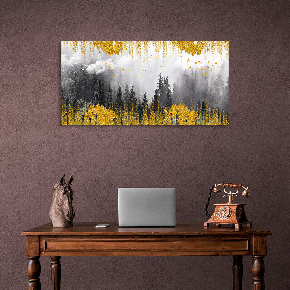 Forest in fog in golden detail Canvas Wall Art Print