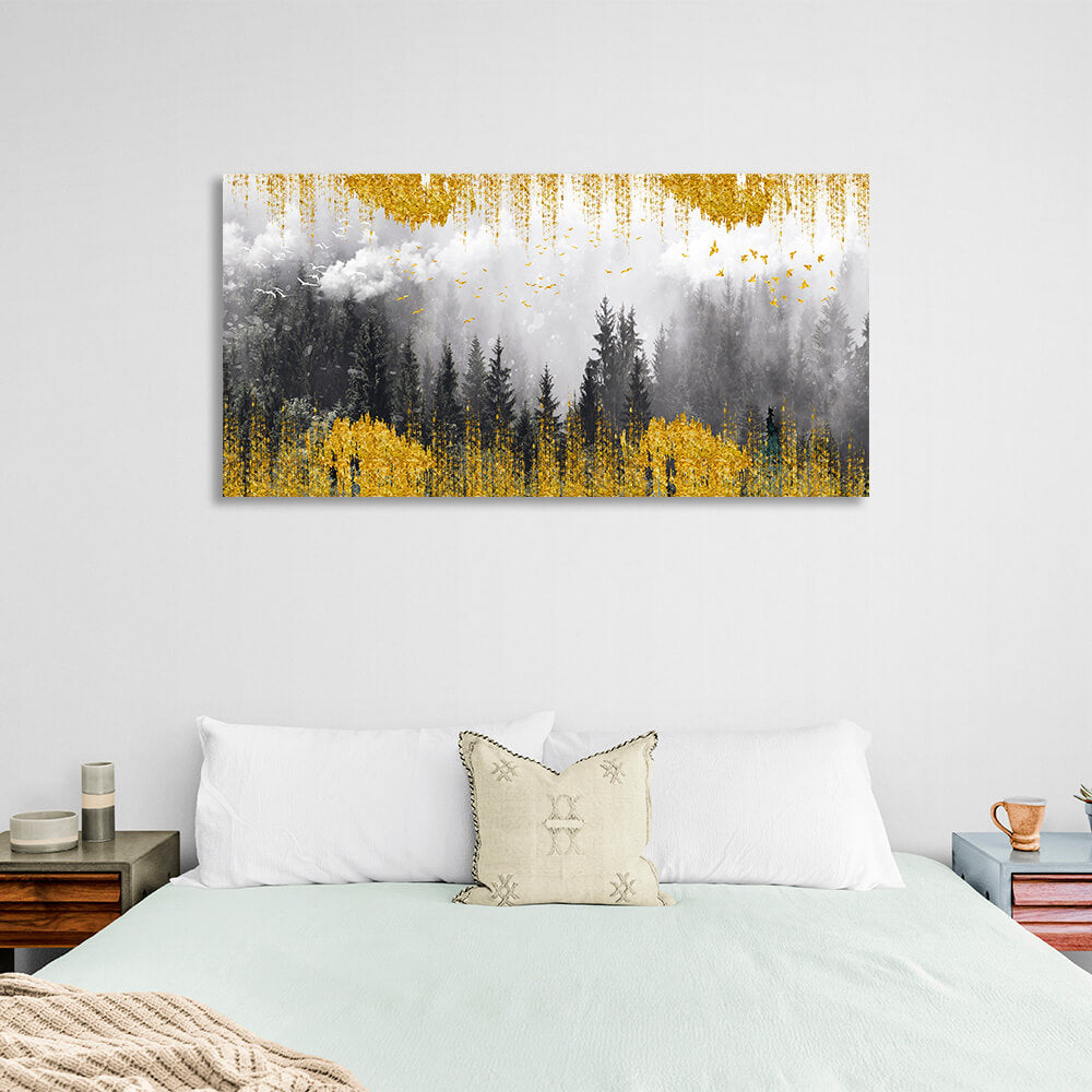 Forest in fog in golden detail Canvas Wall Art Print