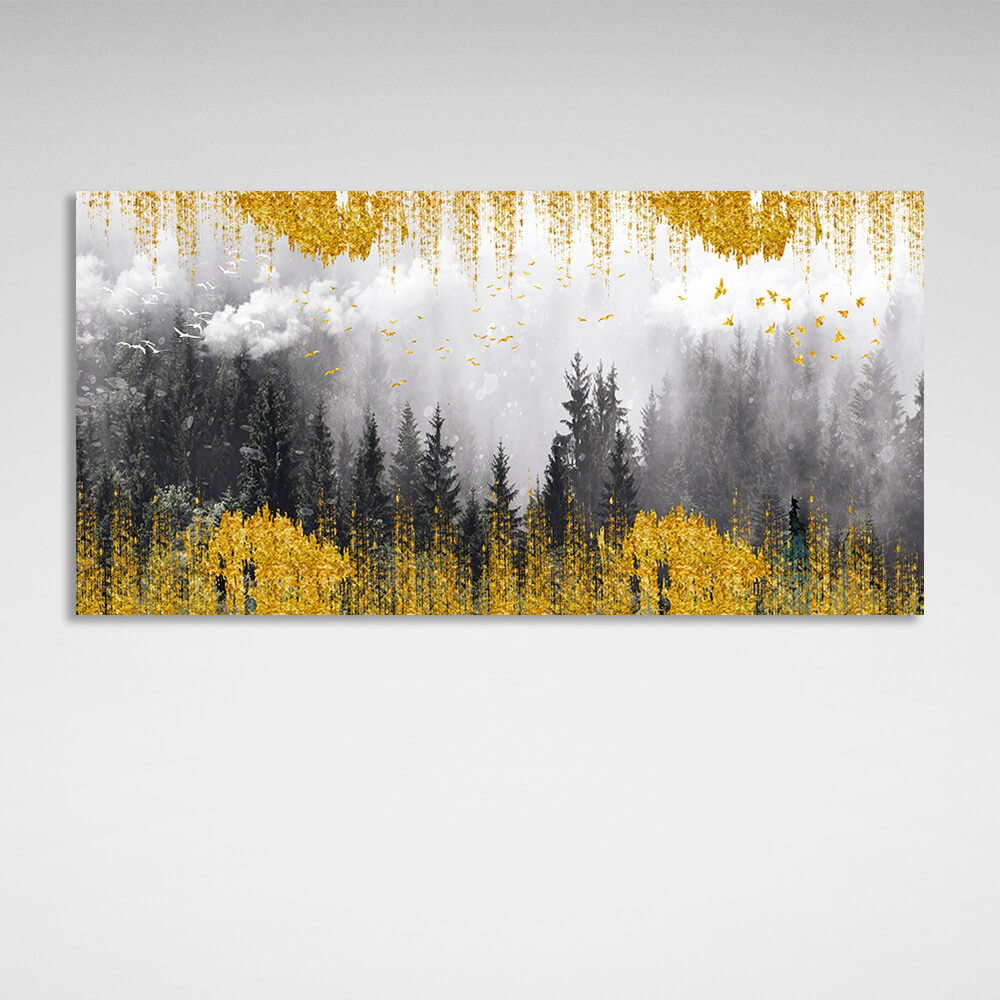 Forest in fog in golden detail Canvas Wall Art Print