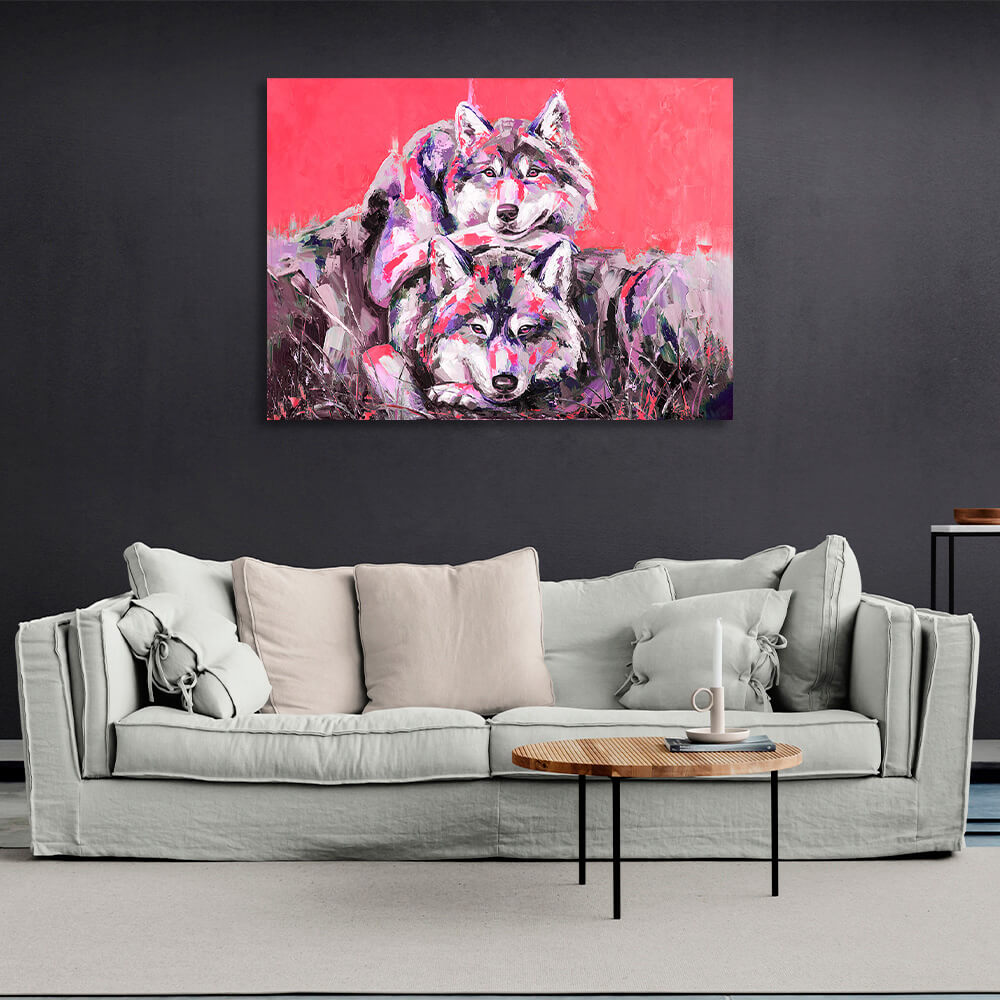 Two wolves on a red background Canvas Wall Art Print