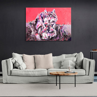 Two wolves on a red background Canvas Wall Art Print