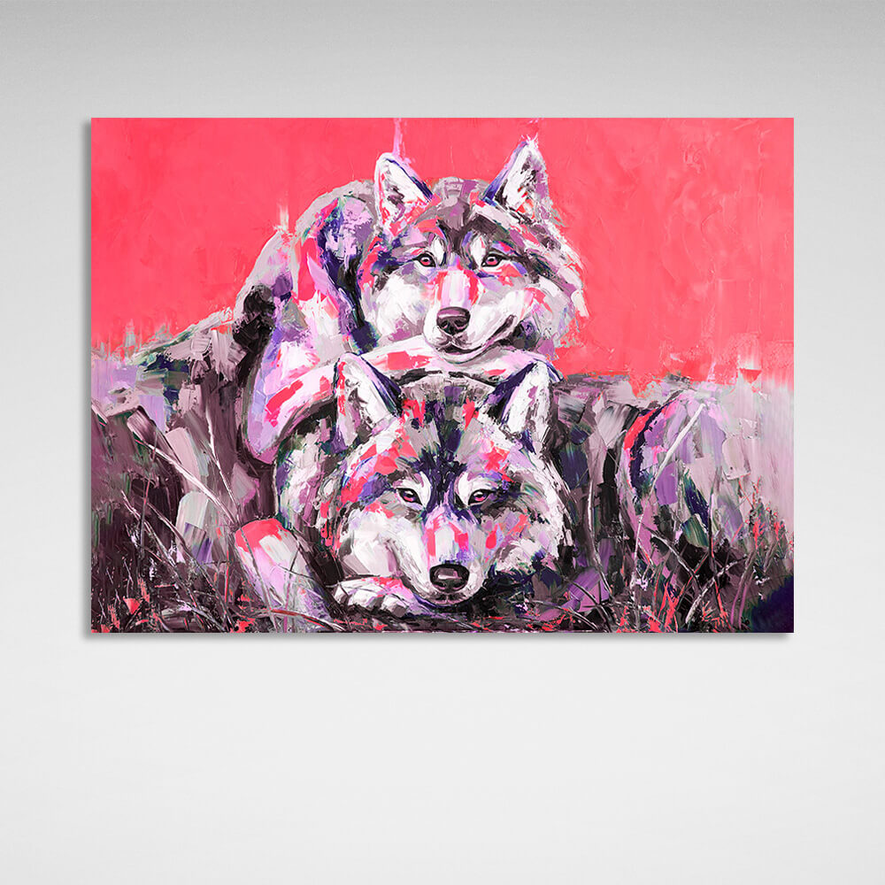 Two wolves on a red background Canvas Wall Art Print