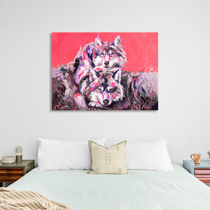 Two wolves on a red background Canvas Wall Art Print