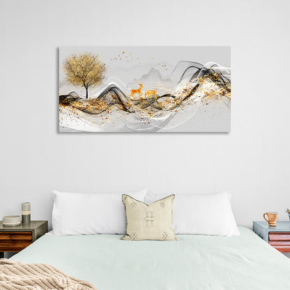 Two deer near a tree with a mountain in the background Abstraction Canvas Wall Art Print