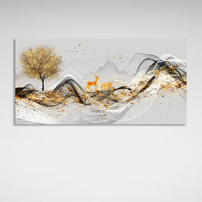 Two deer near a tree with a mountain in the background Abstraction Canvas Wall Art Print