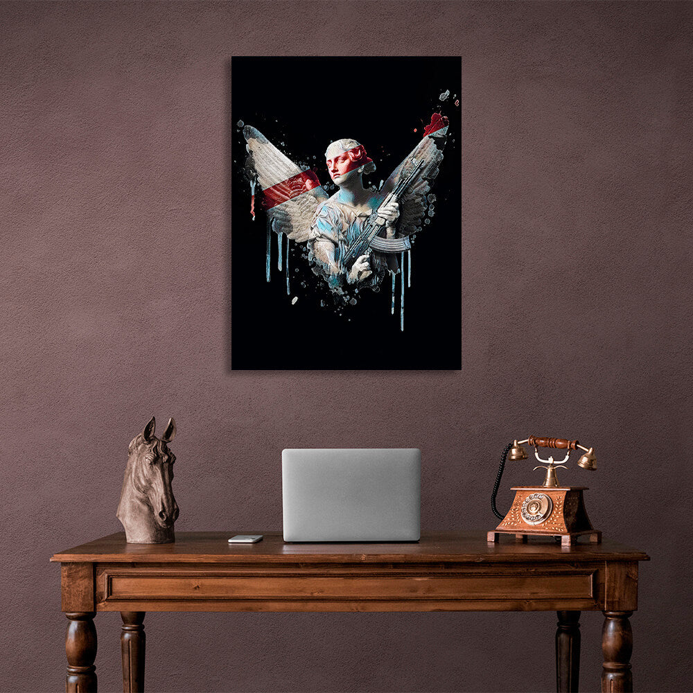 A sculpture with a gun on a black background Canvas Wall Art Print