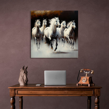 5 white horses on a dark background Canvas Wall Art Print