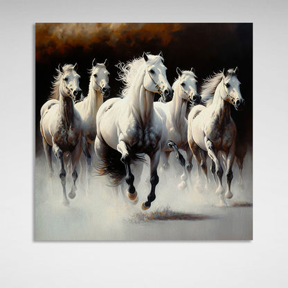 5 white horses on a dark background Canvas Wall Art Print