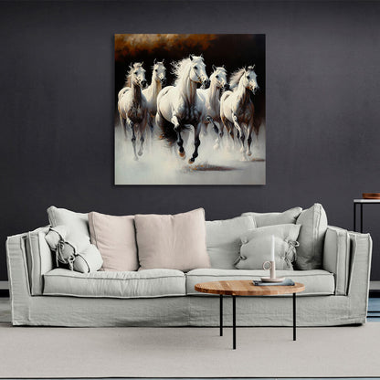 5 white horses on a dark background Canvas Wall Art Print