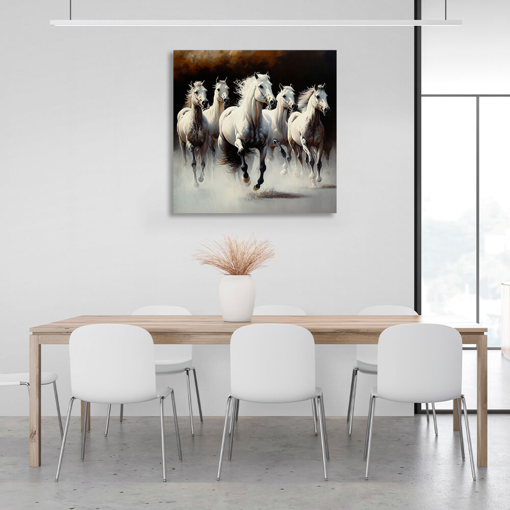 5 white horses on a dark background Canvas Wall Art Print