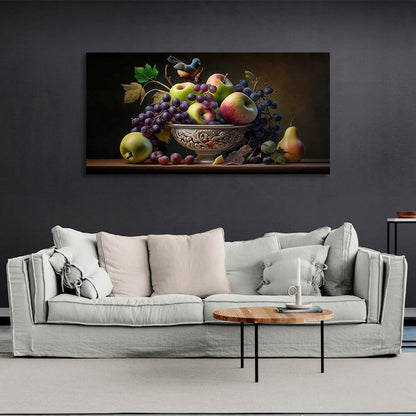 Still life with apples and grapes and a bird Canvas Wall Art Print