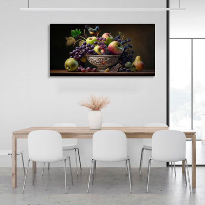 Still life with apples and grapes and a bird Canvas Wall Art Print