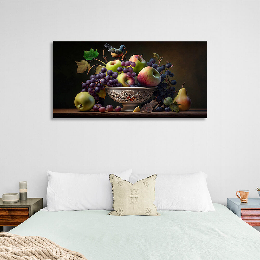 Still life with apples and grapes and a bird Canvas Wall Art Print