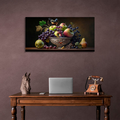 Still life with apples and grapes and a bird Canvas Wall Art Print