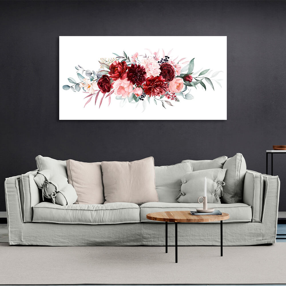 Horizontal composition of flowers on white background Canvas Wall Art Print