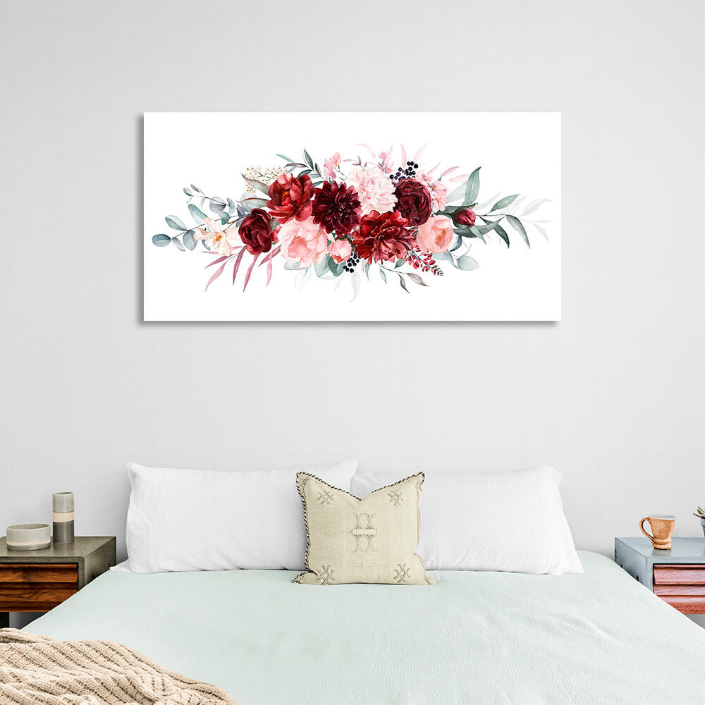 Horizontal composition of flowers on white background Canvas Wall Art Print