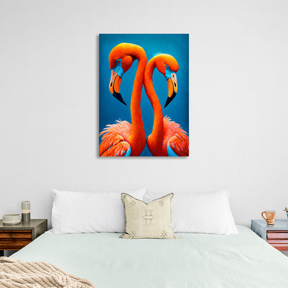 Two flamingos on a blue background Canvas Wall Art Print