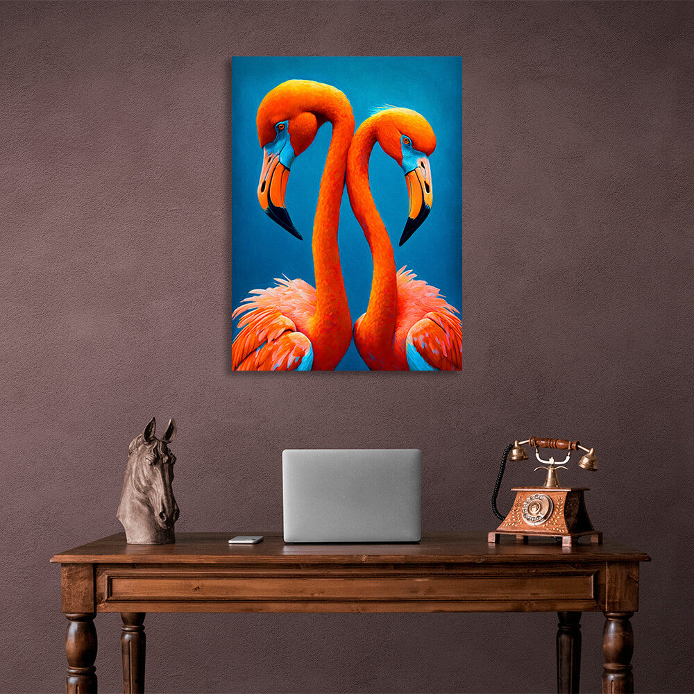 Two flamingos on a blue background Canvas Wall Art Print