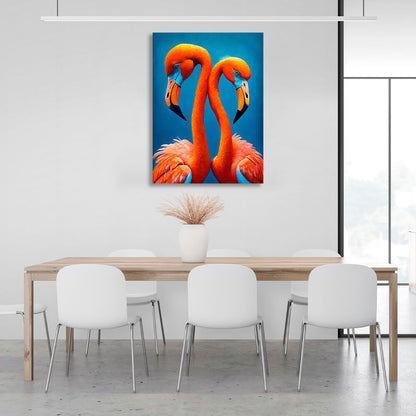 Two flamingos on a blue background Canvas Wall Art Print