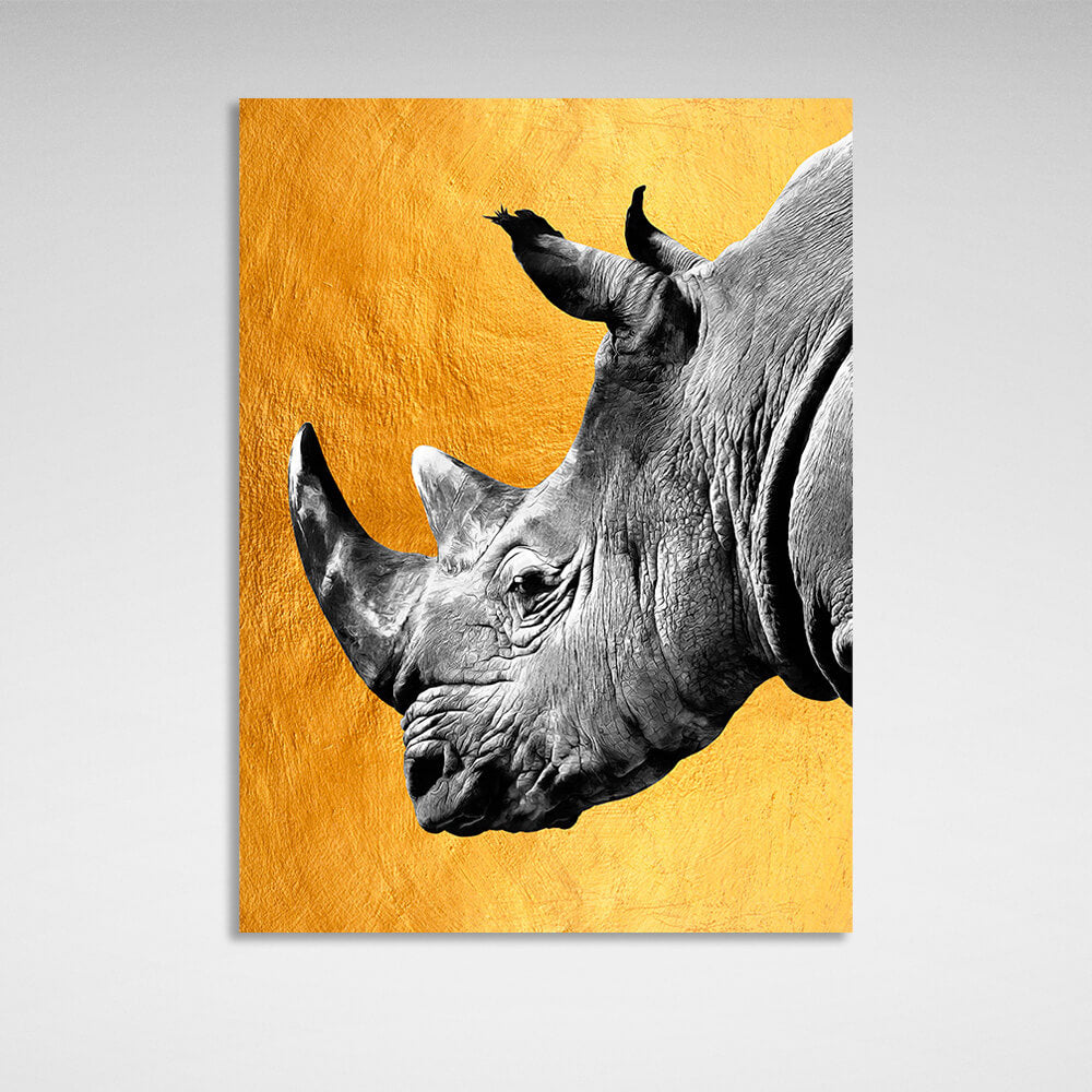 Gray rhinoceros on a gold background Canvas Wall Art Print