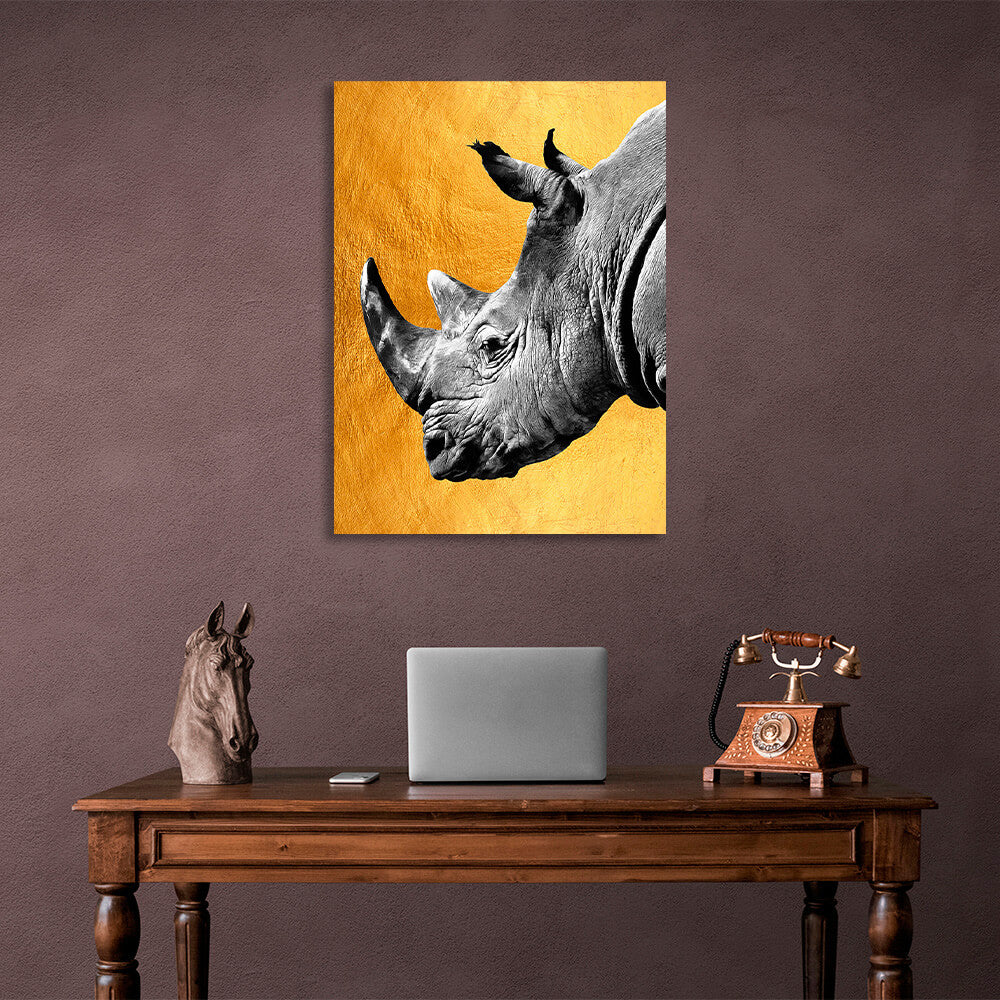 Gray rhinoceros on a gold background Canvas Wall Art Print