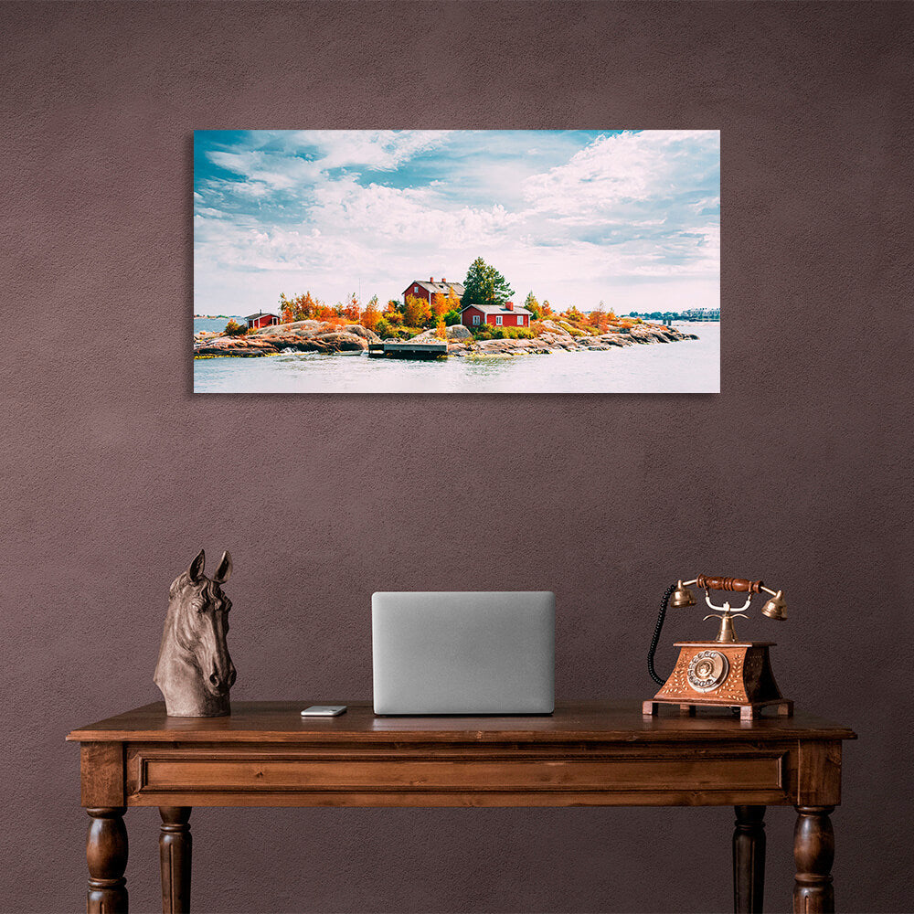 Three small houses on a cliff in the sea Canvas Wall Art Print