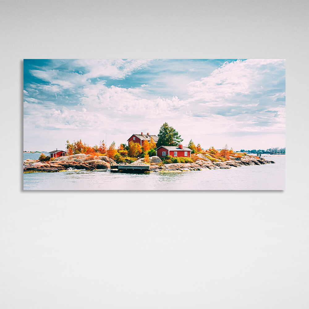 Three small houses on a cliff in the sea Canvas Wall Art Print